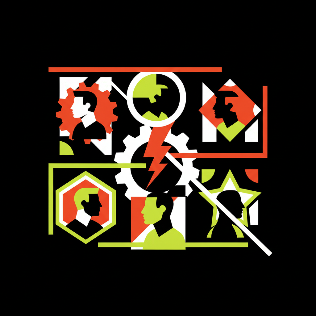 Abstrakte Darstellung: Sechs Charakter-Profile als geometrische Einheiten