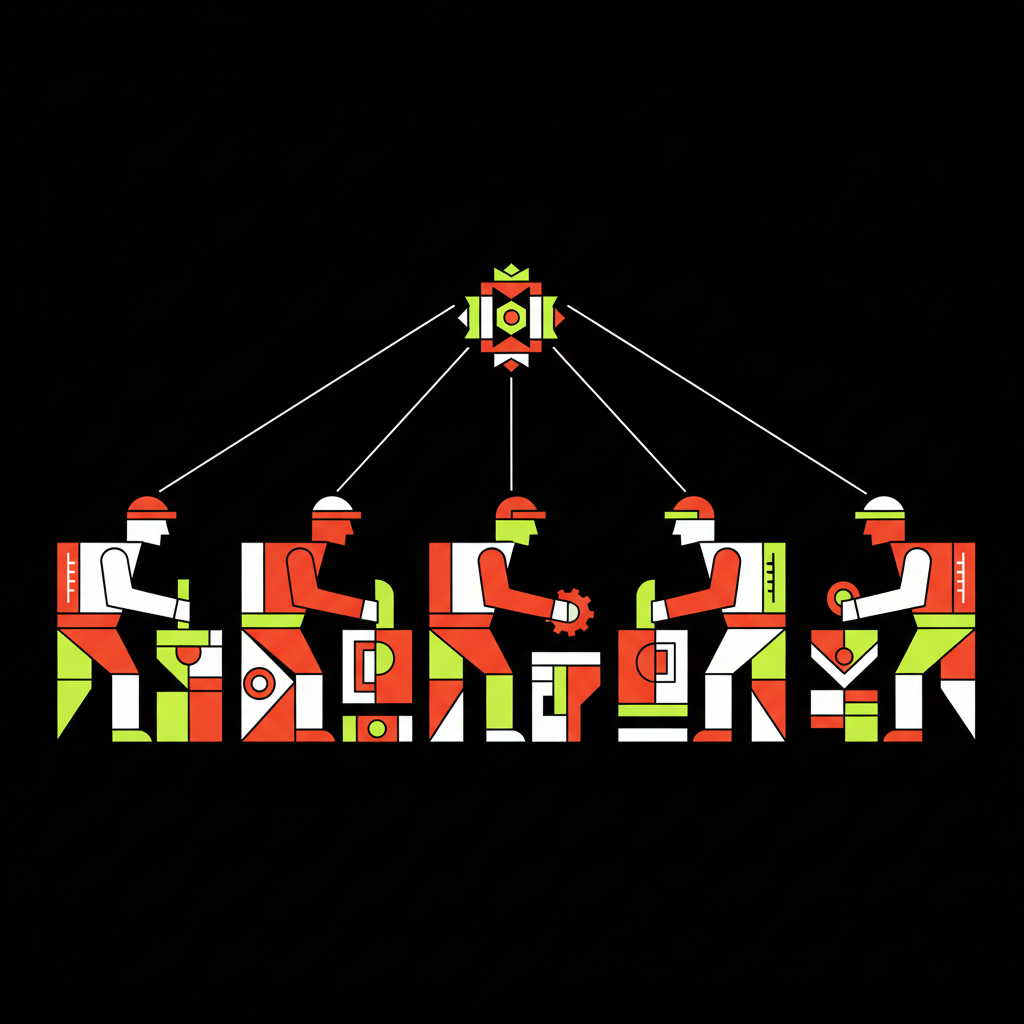 Abstrakte Darstellung: Sechs parallele Agenten arbeiten an Drehbuch-Blöcken