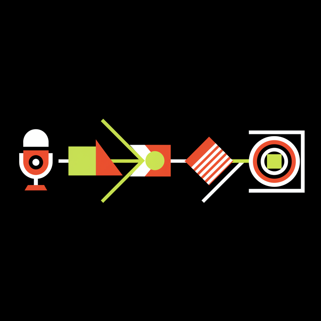 Abstrakte Darstellung: Audio-Pipeline von Mikrofon bis Sprachausgabe