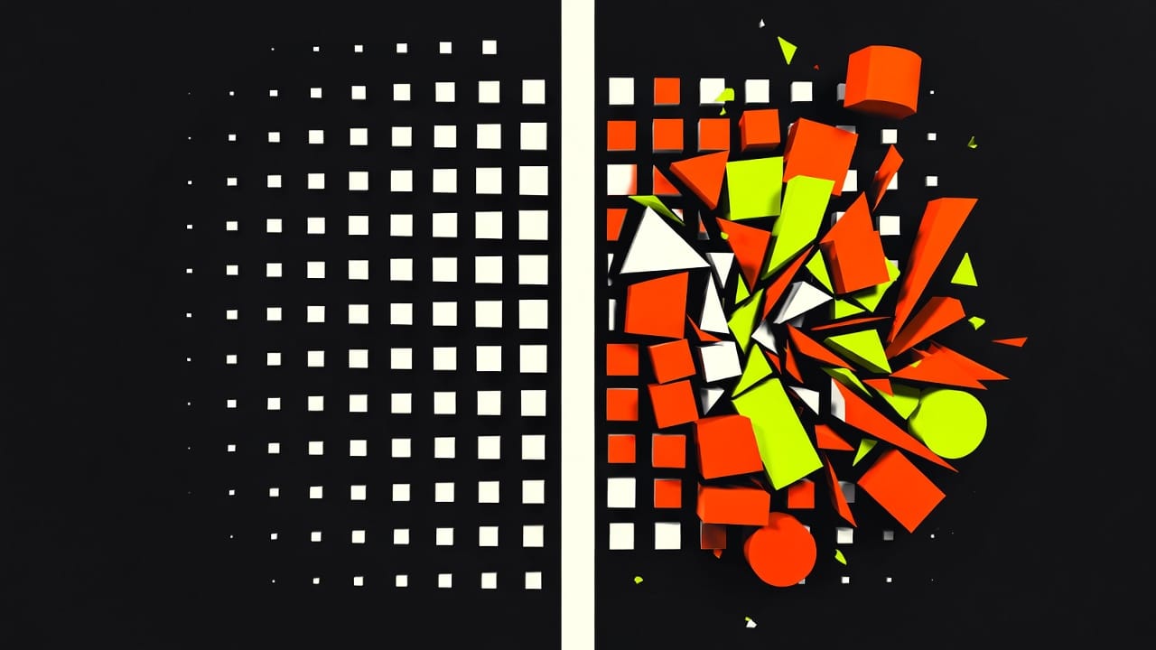 Links: geordnetes Raster als Symbol für Optimierung. Rechts: aufgebrochene neue Formen als Symbol für Paradigmenwechsel