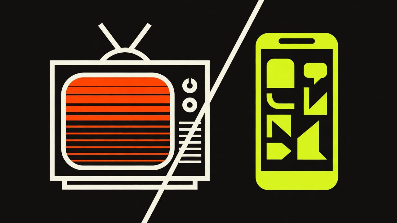 Retro-Fernseher links, modernes Smartphone rechts — gleiche Vision, andere Technologie