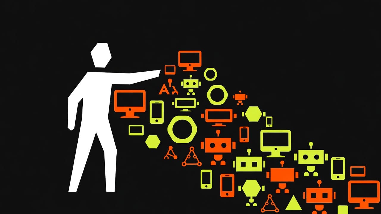 Mensch dirigiert einen Strom aus Technologie-Symbolen — von Computern über Smartphones bis zu Robotern