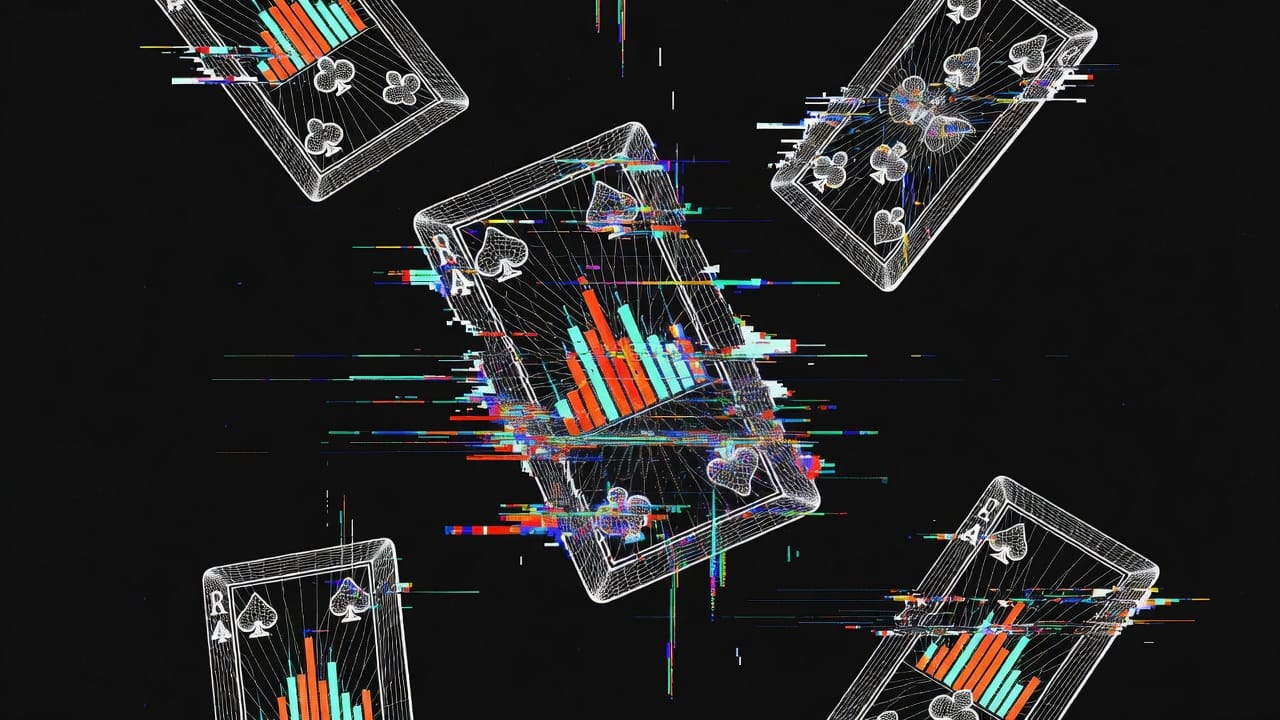 Glitch-Art: Spielkarten mit KPI-Balken schweben im digitalen Raum