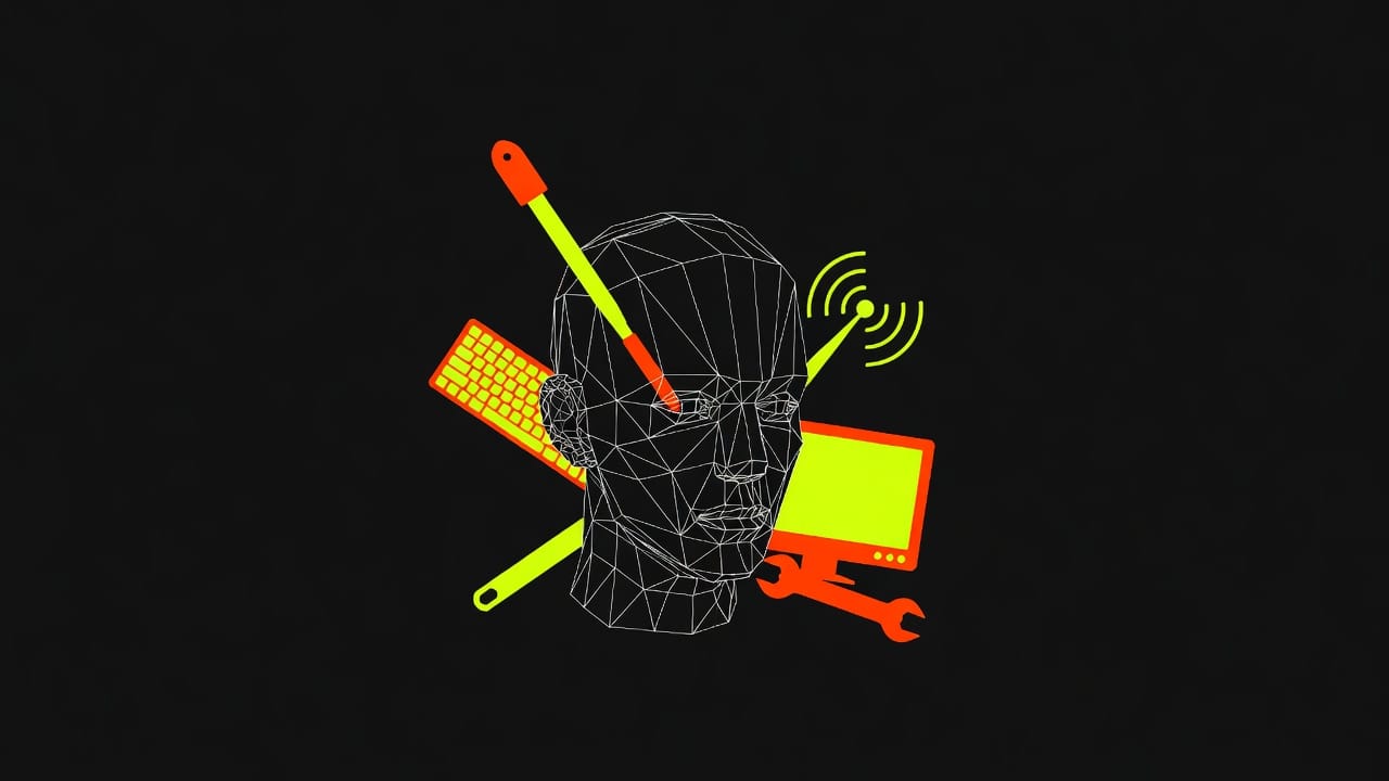 Constructivist illustration: Wireframe head surrounded by disconnected tools — keyboard, screen, antenna, wrench