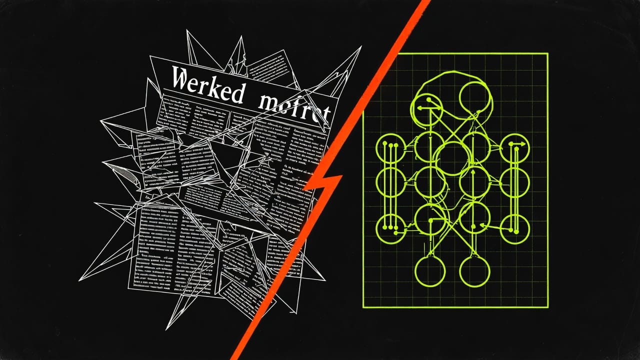 Constructivist illustration: Fragmented newspaper headlines versus calm technical blueprint of a neural network