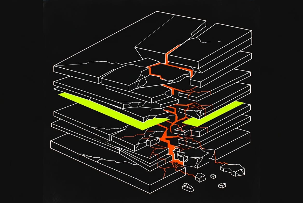 Fragmented layers of old software architectures — depiction of decades-old codebases as vulnerable infrastructure