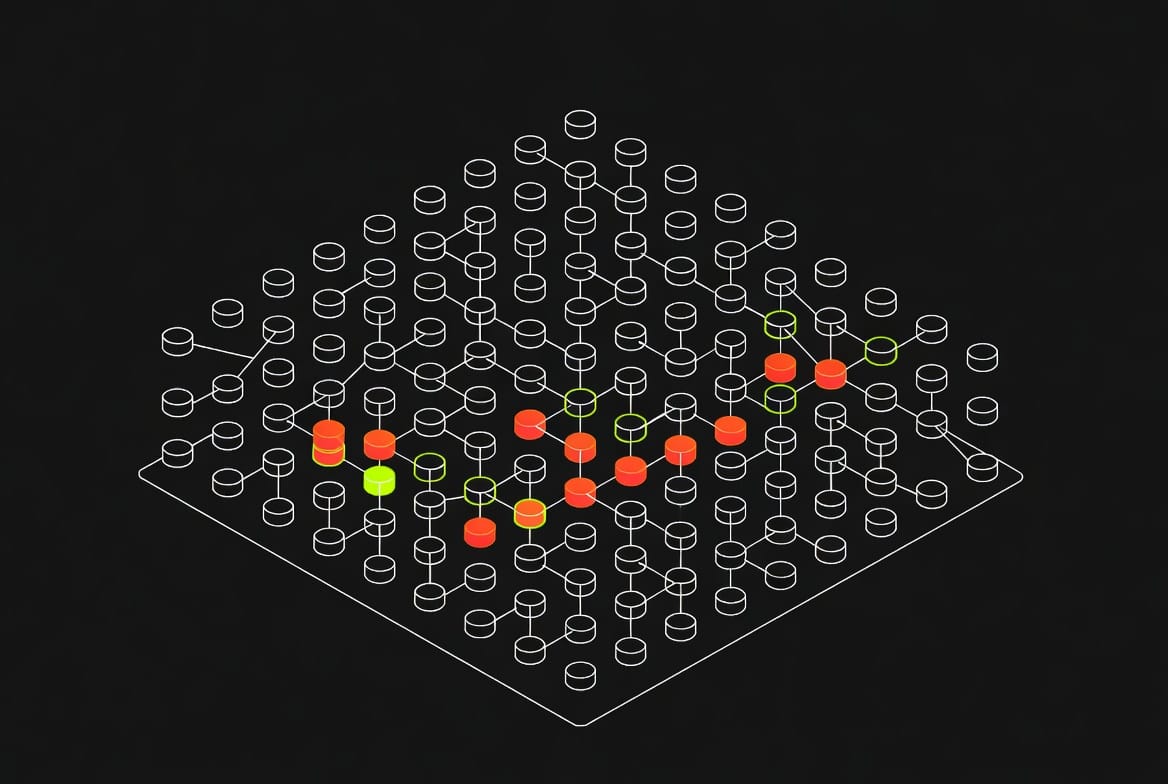 Isometrisches Neuronen-Raster — wenige aktive Knoten in Orange-Rot, die Mehrheit inaktiv