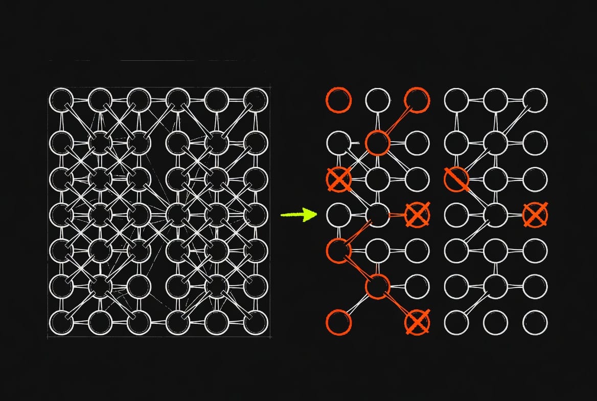 Netzwerk-Blueprint: links dichtes Original, rechts ausgedünntes Modell nach Pruning